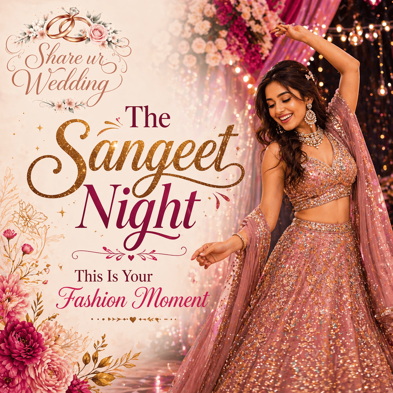 Stylish Indian bride dancing at Sangeet night wearing glamorous lehenga with lights, stage decor, and festive wedding ambiance