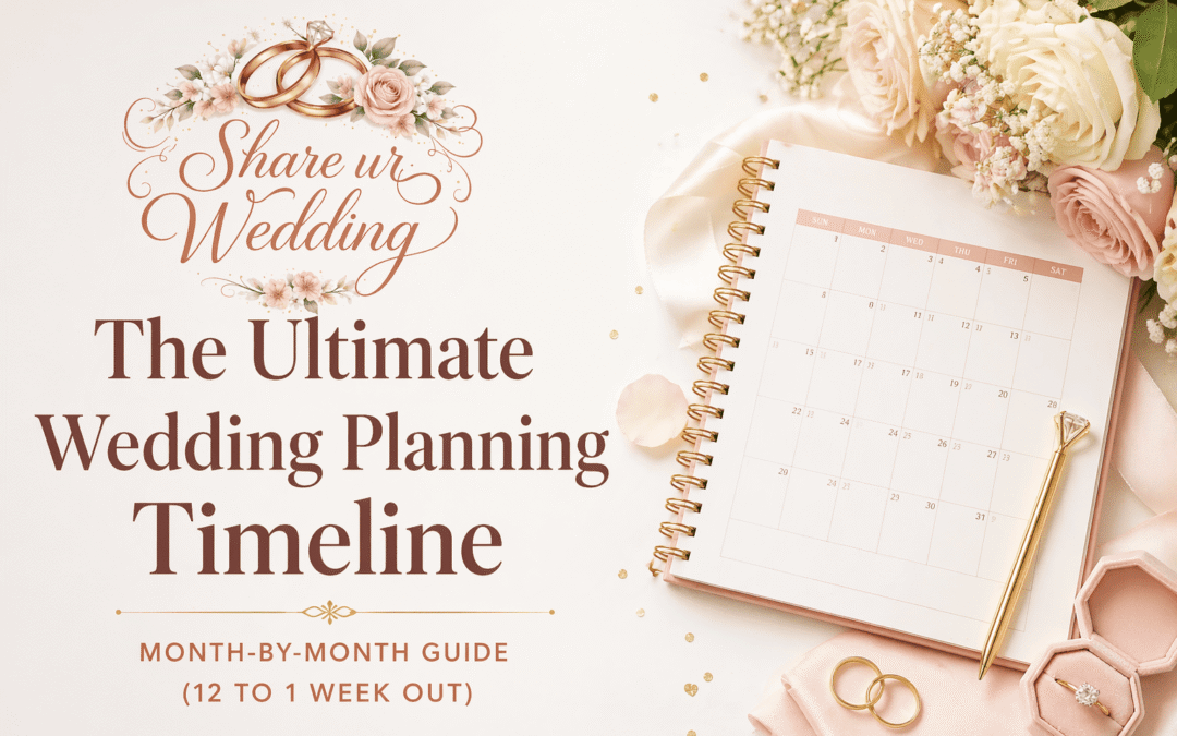 Elegant wedding planning timeline featured image with calendar, rings, flowers, and Share ur Wedding