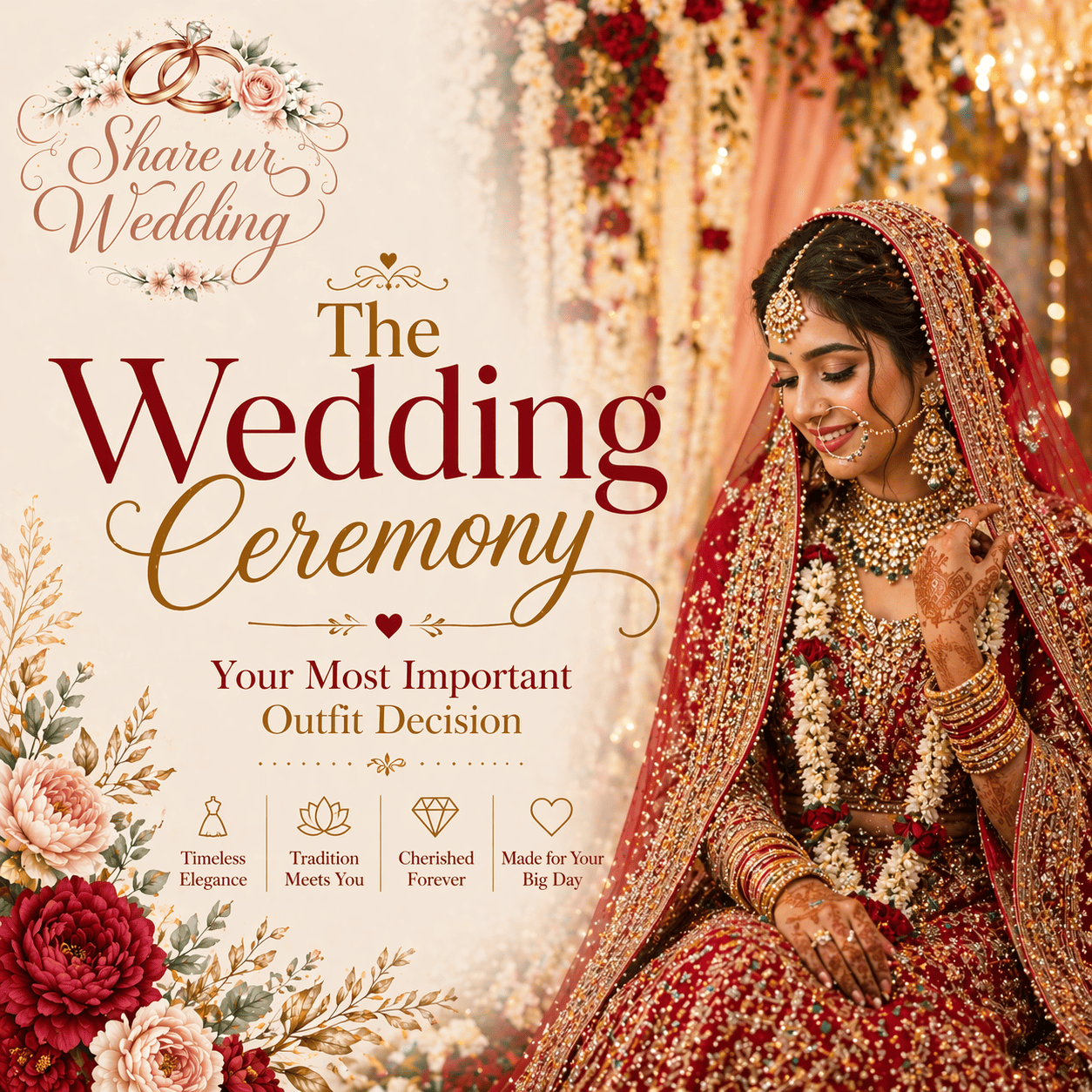Elegant Indian bride in red bridal lehenga during wedding ceremony with traditional jewelry, floral mandap decor, and festive lights