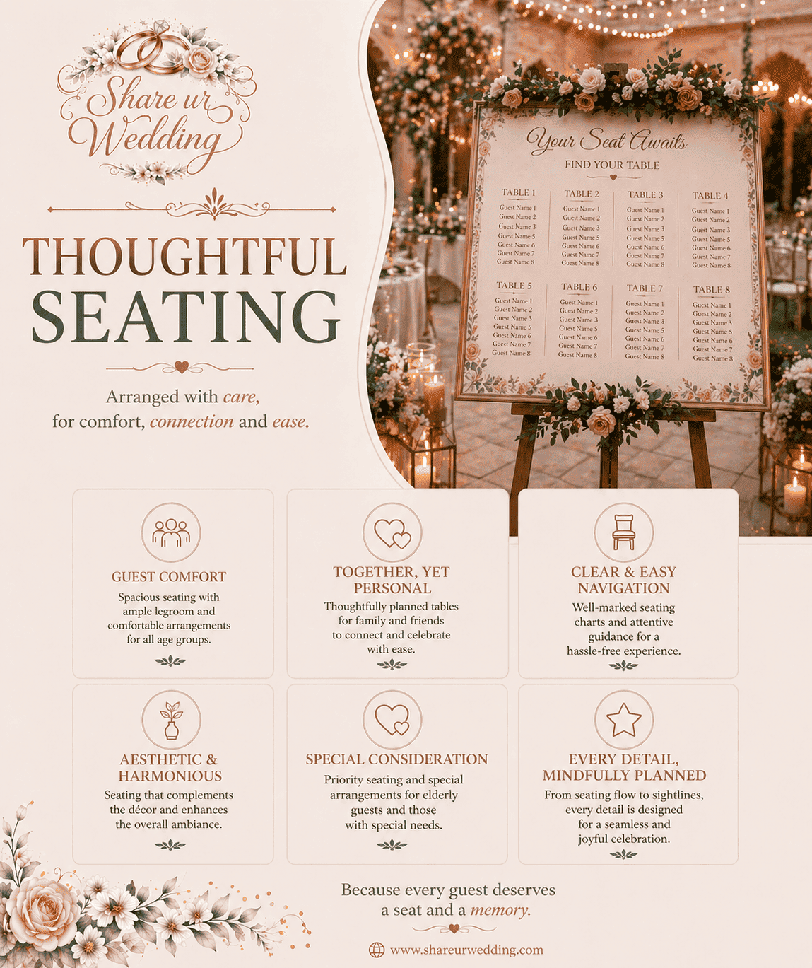 Elegant wedding seating arrangement with personalized place cards, stylish chairs, and beautifully organized guest layout