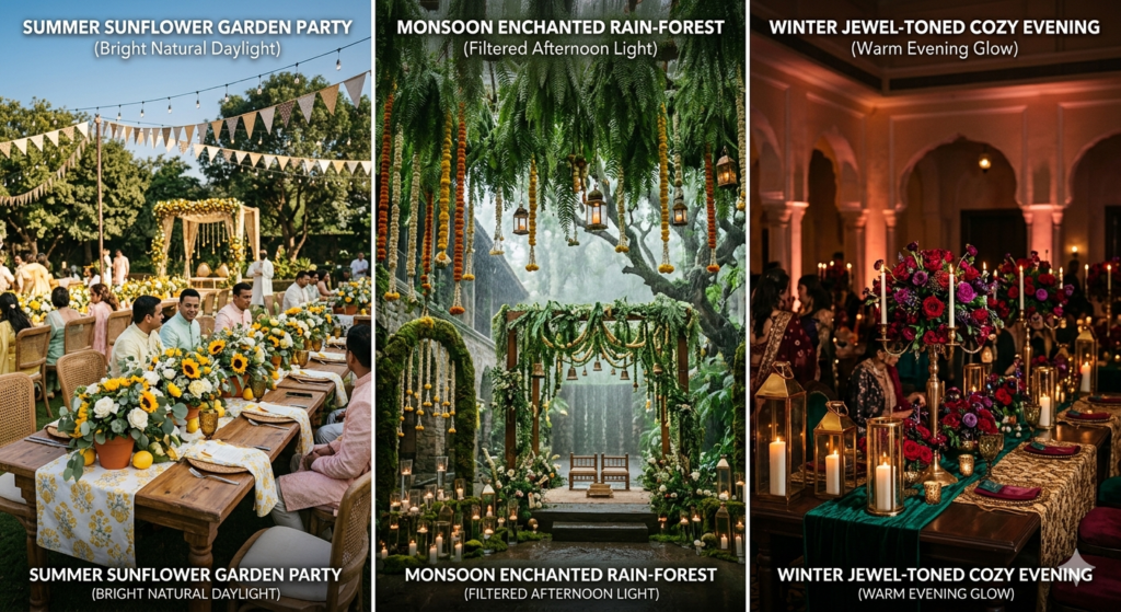 A vertically split triptych photograph displaying three unique wedding decoration setups. The left panel shows a bright, sunflower-filled 'Summer Sunflower Garden Party' on a rustic table with yellow and white linens. The middle panel illustrates a moody, 'Monsoon Enchanted Rain-Forest' with dense hanging ferns, marigold garlands, numerous candles, and a traditional wooden mandap arch, set in a lush garden during a soft rain. The right panel captures a luxurious, warm 'Winter Jewel-Toned Cozy Evening' in an indoor banquet hall with rich red and purple roses, brass candelabras, velvet runners, and detailed gold lighting. The image captures the distinct textures, colors, and lighting of each season.