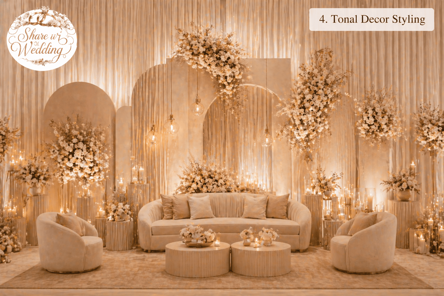 tonal wedding decor styling with monochromatic color palette, layered textures, and elegant floral arrangements for Indian wedding 2026