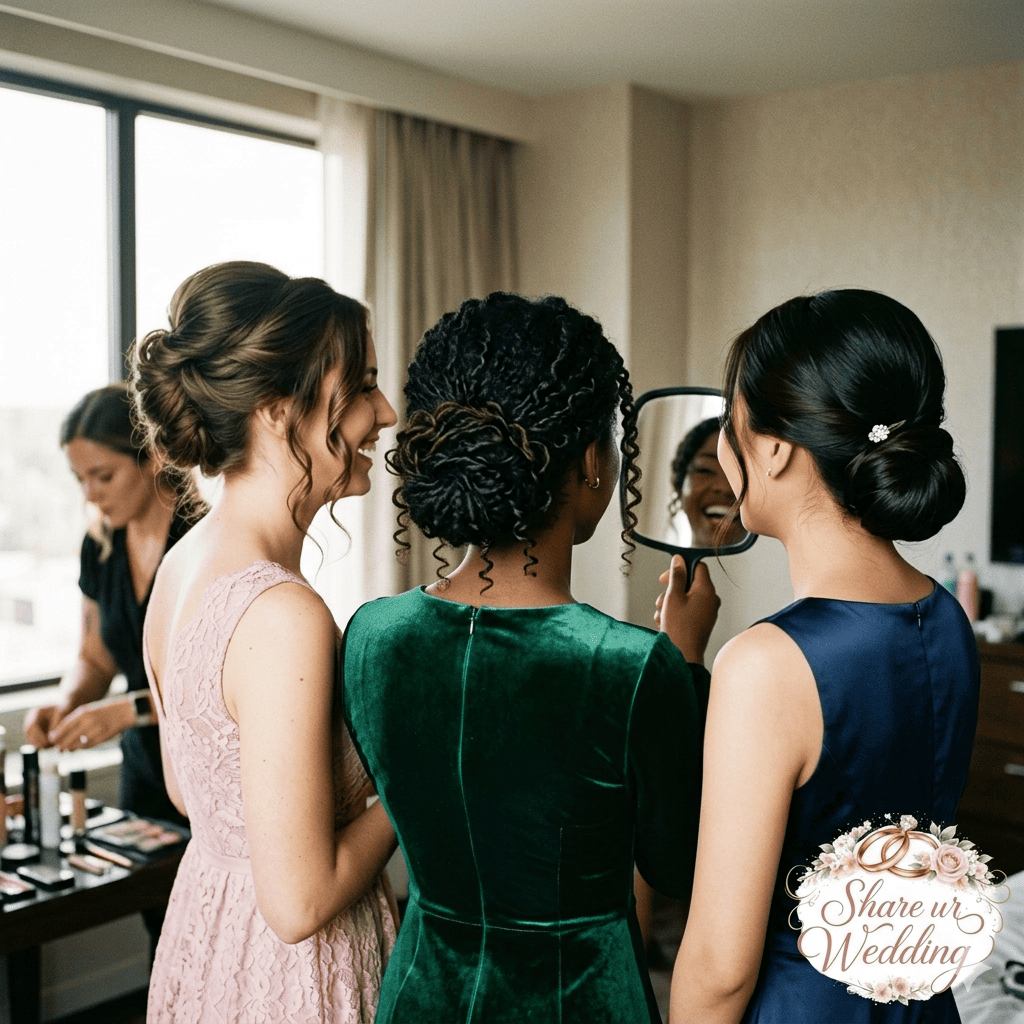 A rear view of three women in formal dresses showcasing sophisticated updos for prom: a textured messy bun, a sleek low chignon, and a twisted French roll. All look towards a mirror held by one woman. The 'Share ur Wedding' logo is in the bottom right corner.