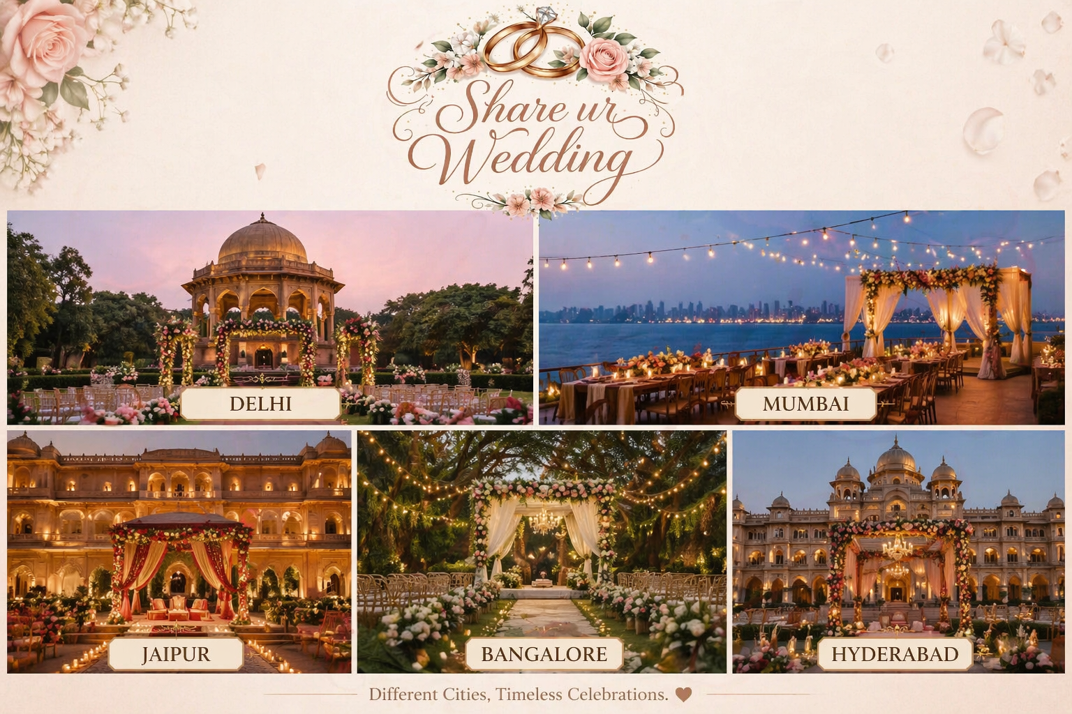 Indian wedding venues collage featuring Delhi, Mumbai, Jaipur, Bangalore, and Hyderabad with luxury decor setups and Share ur Wedding logo