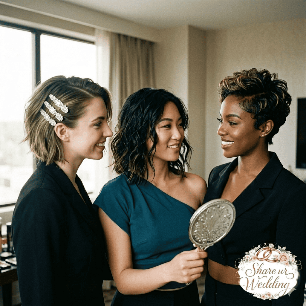A photograph of three diverse women with short hair smiling together. Styles shown include a textured wavy bob, a sleek side-pinned bob with rhinestone clips, and a textured pixie cut with highlights. One woman holds a mirror. The 'Share ur Wedding' logo is in the bottom right.