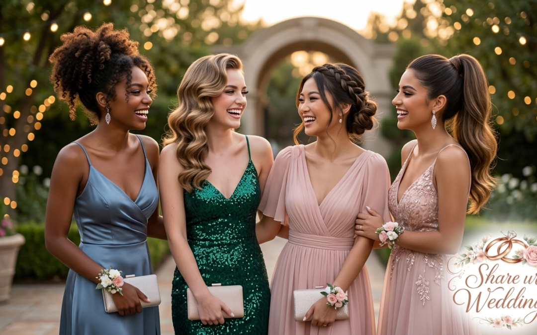 Four young women showcasing diverse prom hairstyles including a curly pineapple updo, Hollywood waves, a braided bun, and a high wavy ponytail.