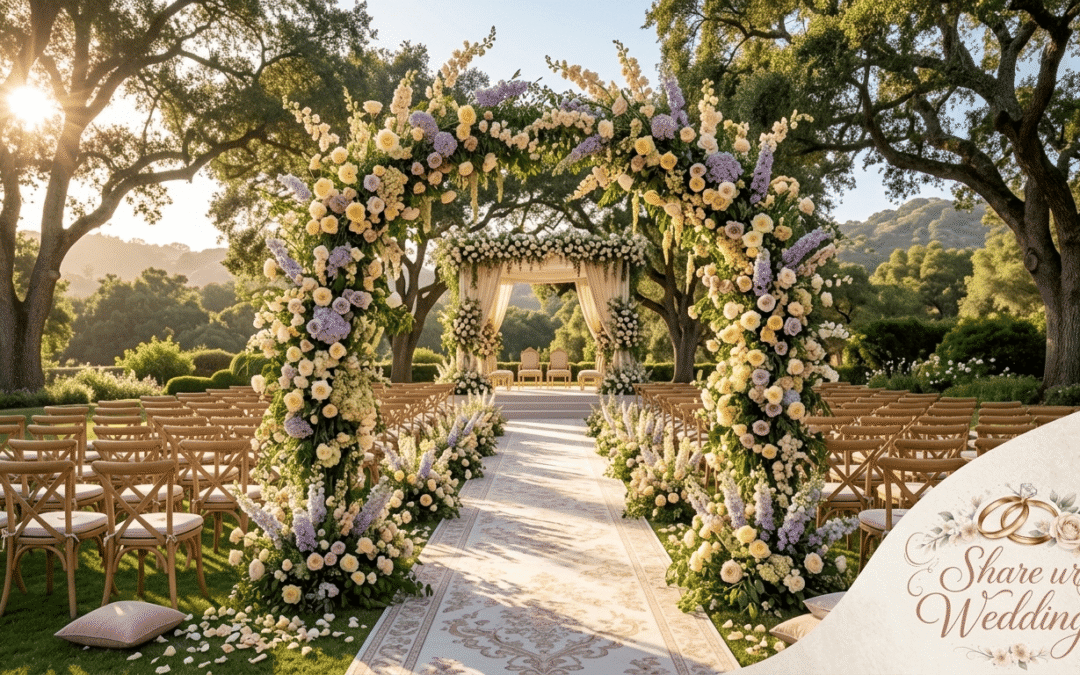 Luxury whimsical garden wedding ceremony setup with yellow and lavender floral arches for 2026 trends.