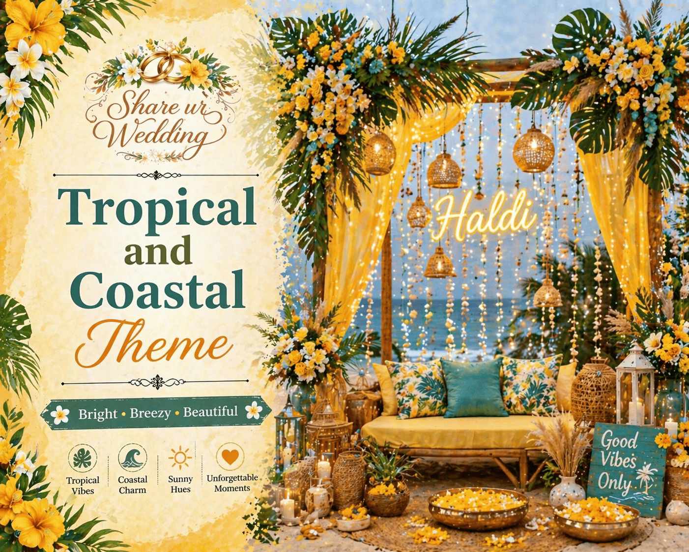 Tropical and coastal themed Haldi decoration with palm leaves, floral setup, beach backdrop, and elegant seating