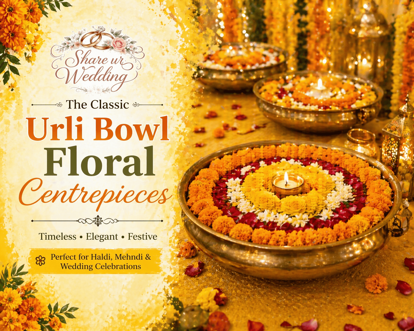 Urli bowl floral centrepieces with floating flowers and candles for Haldi ceremony decoration