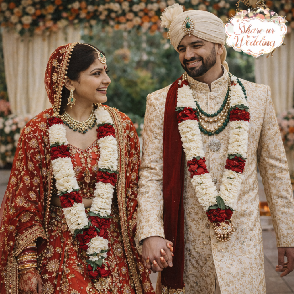 Indian wedding couple walking hand in hand shot with bride and groom smiling traditional attire