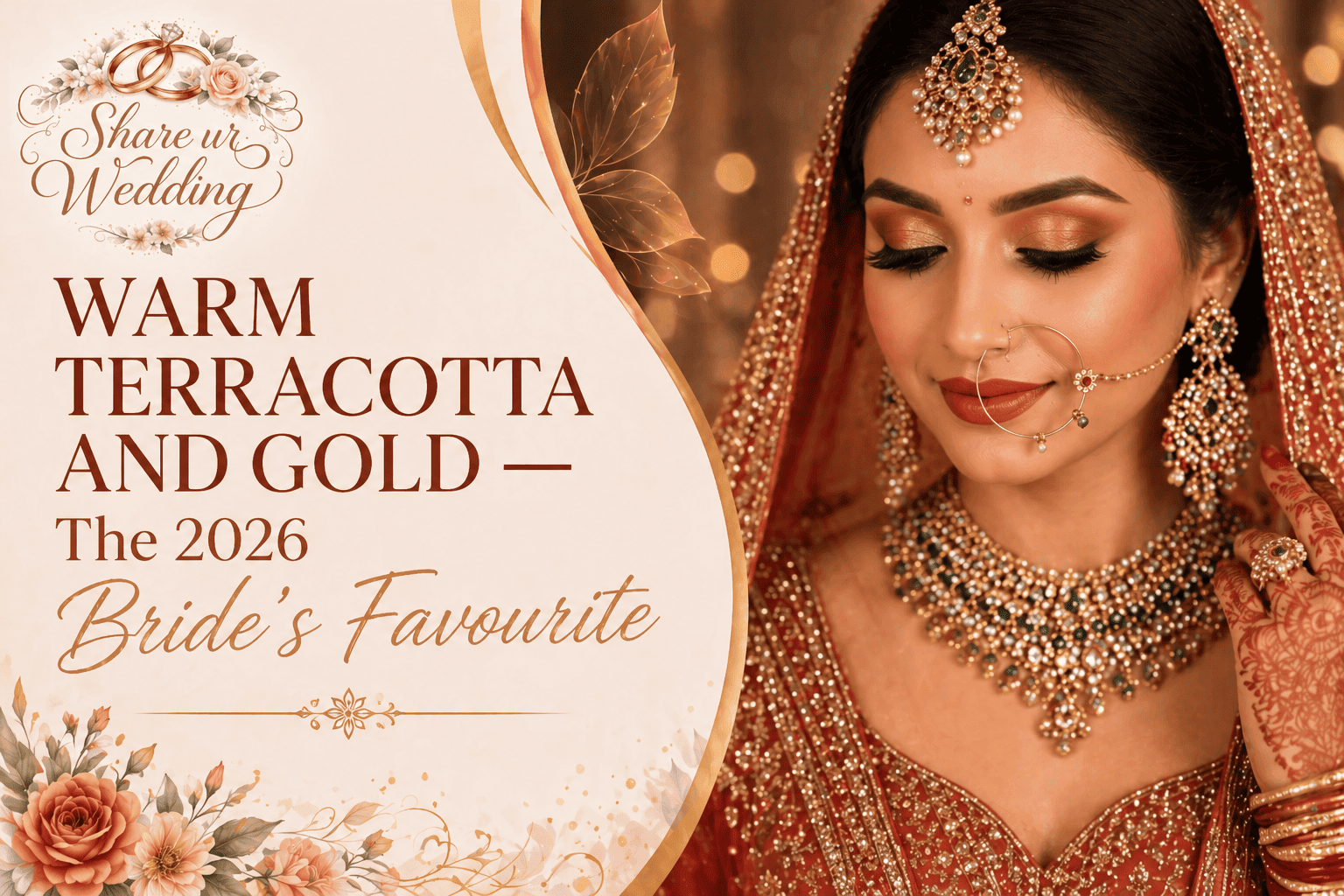 Warm terracotta and gold bridal makeup look with glowing skin, soft smokey eyes and nude lips for Indian wedding