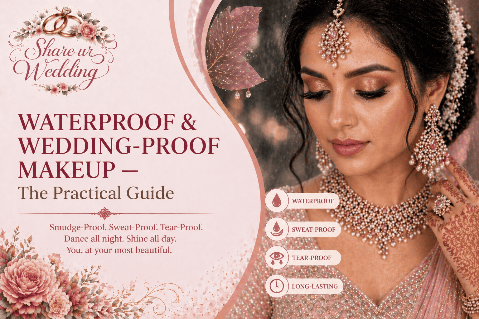 Waterproof bridal makeup look with long lasting foundation smudge proof eyeliner and sweat proof finish for Indian wedding