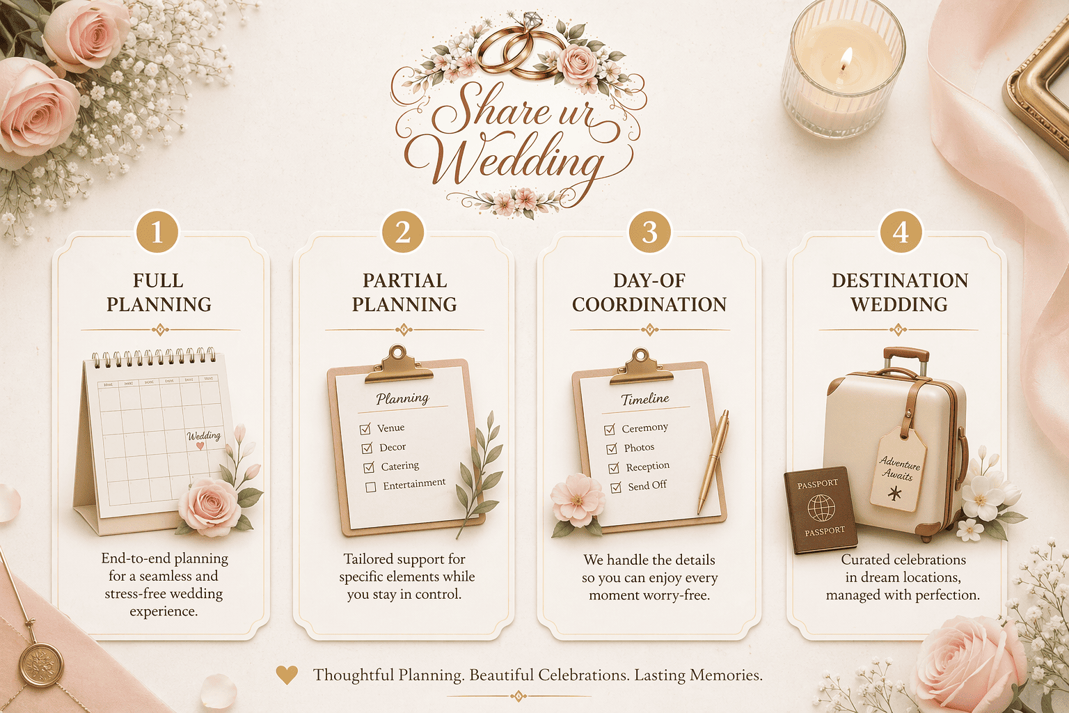 Wedding planning services tiers infographic showing full planning, partial planning, day-of coordination, and destination wedding with elegant icons and Share ur Wedding logo