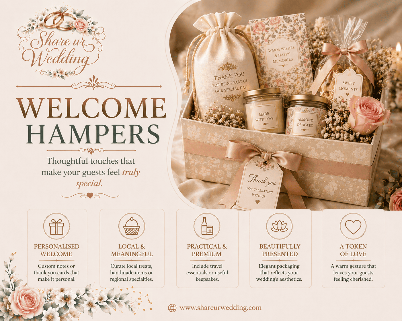 Elegant wedding welcome hampers with personalized gifts, sweets, and decorative packaging for Indian wedding guests