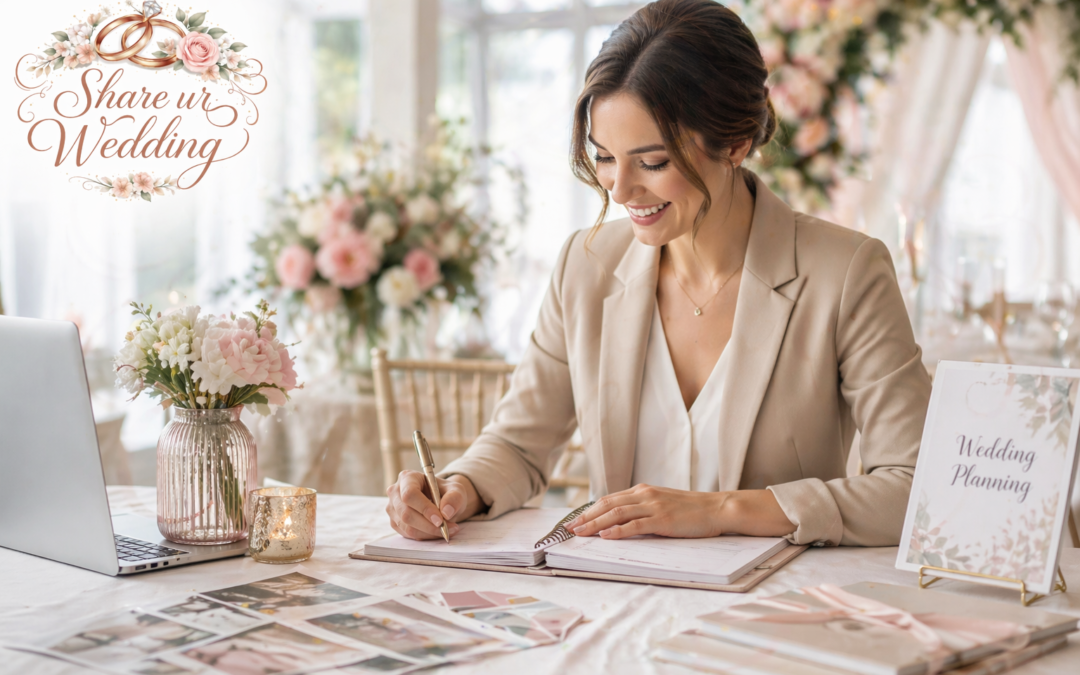 Wedding planner organizing event details with floral decor and Share ur Wedding logo