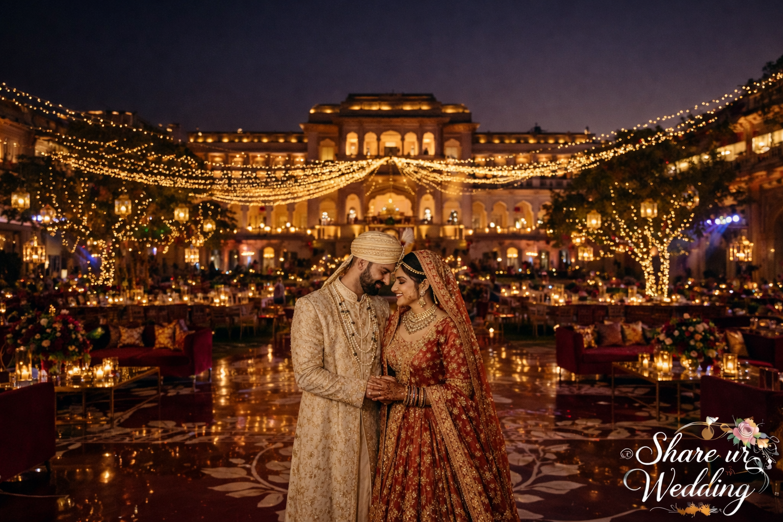 Indian wedding venue wide shot with bride and groom standing together grand decorated reception location photography