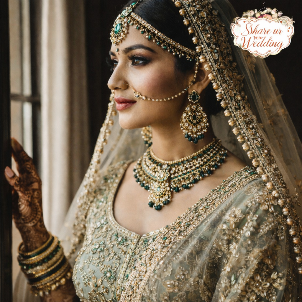 Indian bride window light portrait with natural lighting, bridal jewelry, and traditional lehenga