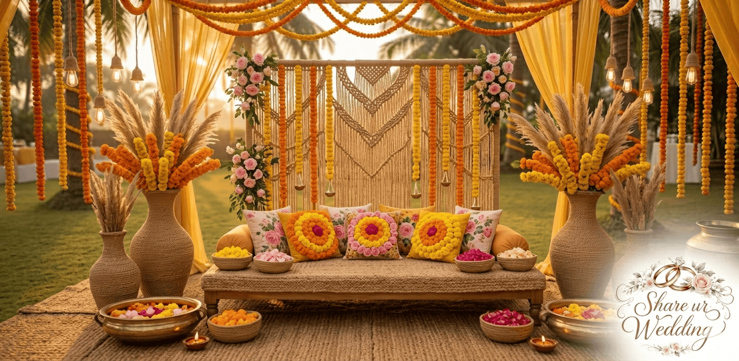 A detailed outdoor Haldi ceremony setup featuring a bohemian theme with woven jute textures, macramé, and marigold decorations.