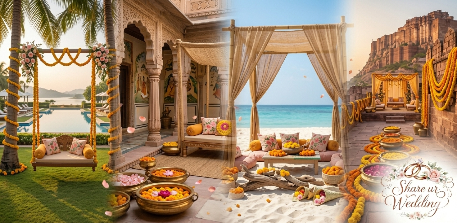 A multi-panel panoramic composite image showcasing four distinct destination Haldi settings: a luxury resort pool-deck, a heritage haveli courtyard, a bohemian beach, and a grand heritage fort, all decorated with marigolds and roses.