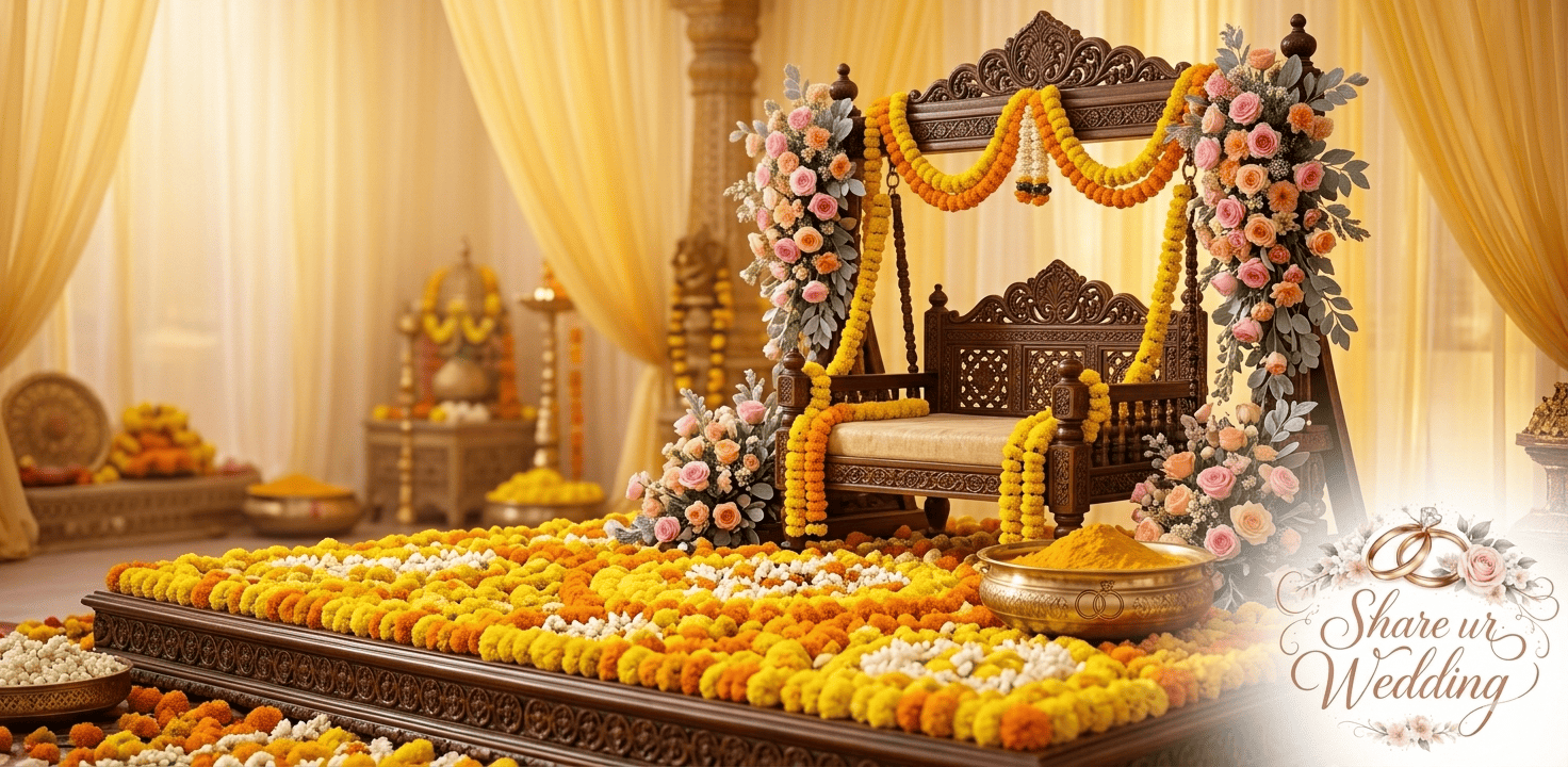 Traditional bride's throne on an elaborate floral chowki platform, decorated with marigolds and pink roses for a Haldi ceremony.