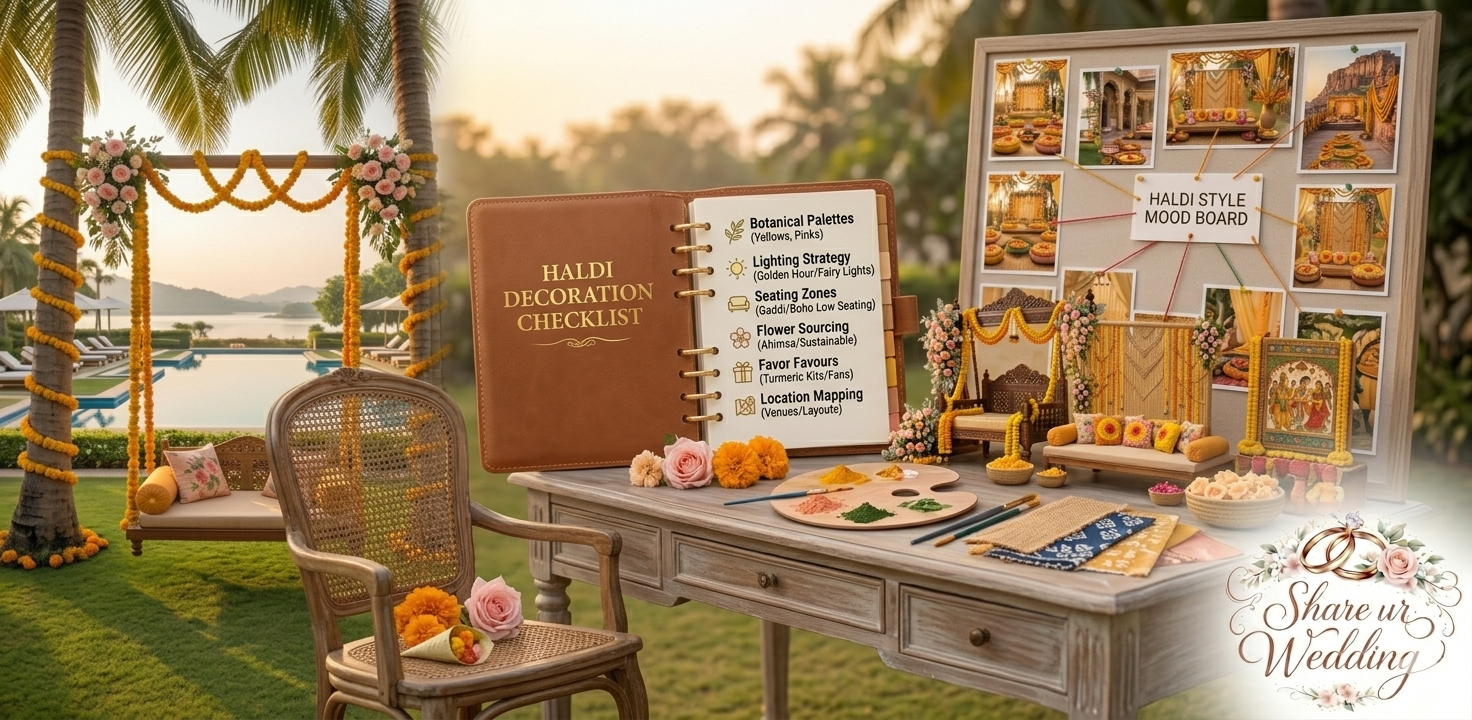 An actionable outdoor planning and styling station for a Haldi ceremony featuring a detailed checklist journal and stylized miniature mockups of various decoration ideas under golden hour light.