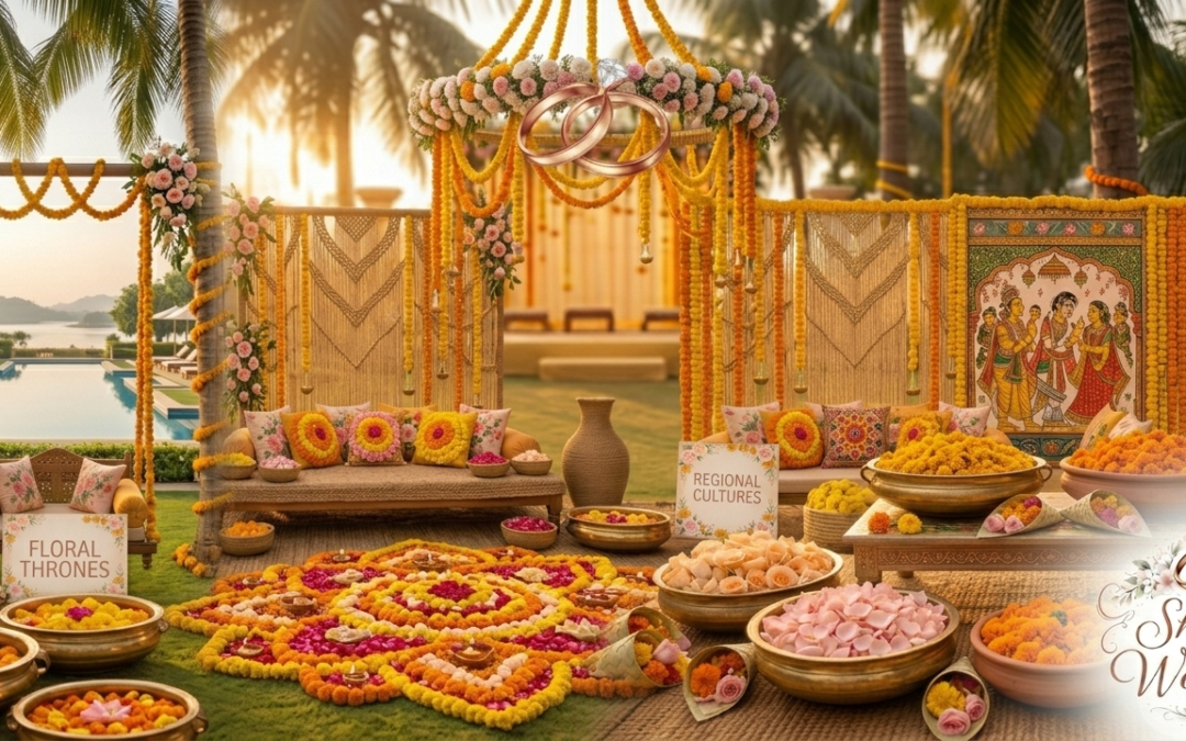 A comprehensive panoramic overview image of a multi-zonal Haldi ceremony venue showcasing a mix of floral thrones, bohemian jute decor, regional folk art, petal shower stations, and diverse lighting themes under golden hour light.