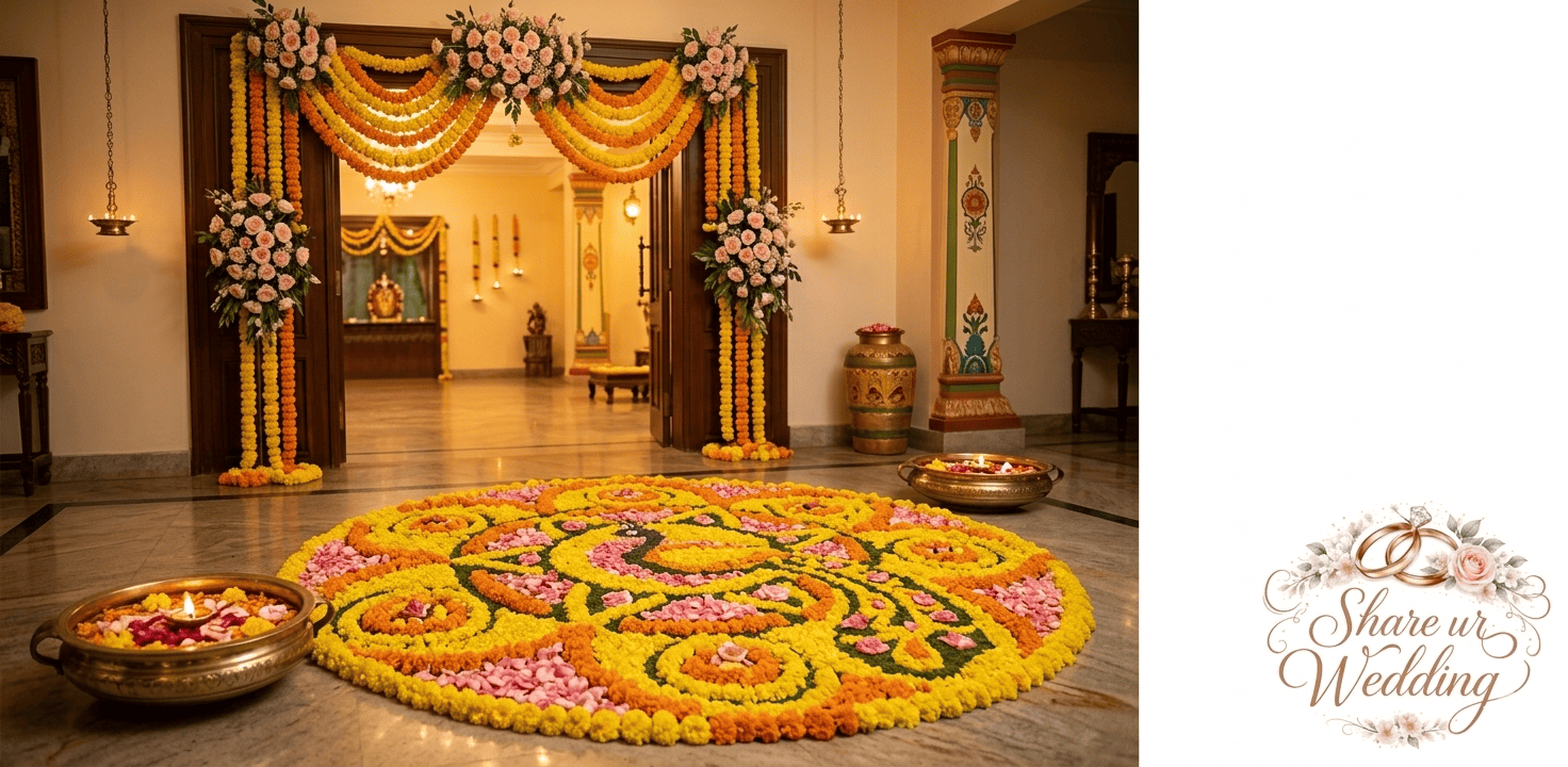 Traditional Indian wedding entrance for a Haldi ceremony featuring a large marigold flower rangoli on the floor and a decorated wooden archway.