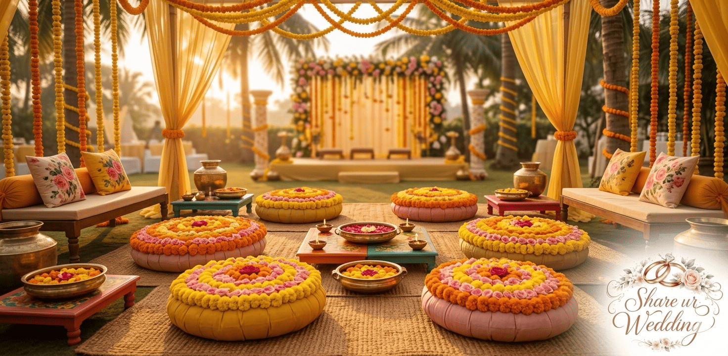 Inviting outdoor Haldi ceremony guest seating area featuring custom marigold and rose petal-covered floor cushions.