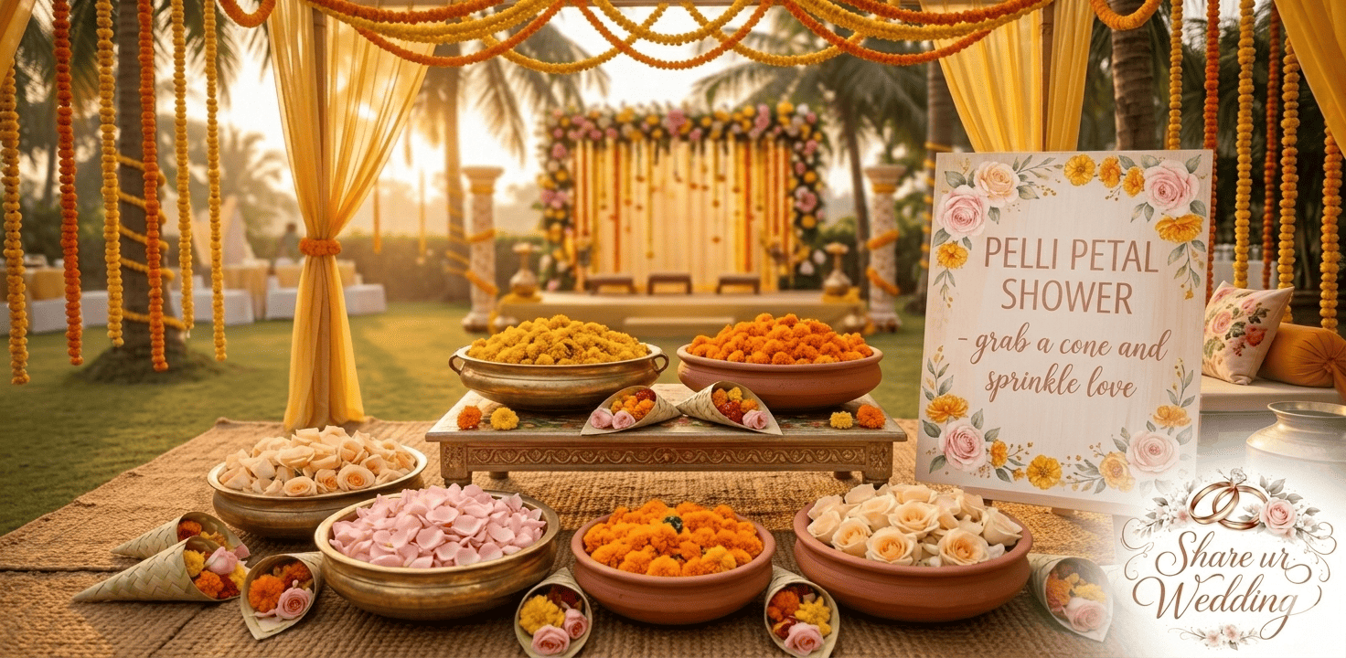 A dedicated petal shower station for a Haldi ceremony featuring bowls of yellow marigold and pink rose petals with a decorative sign.