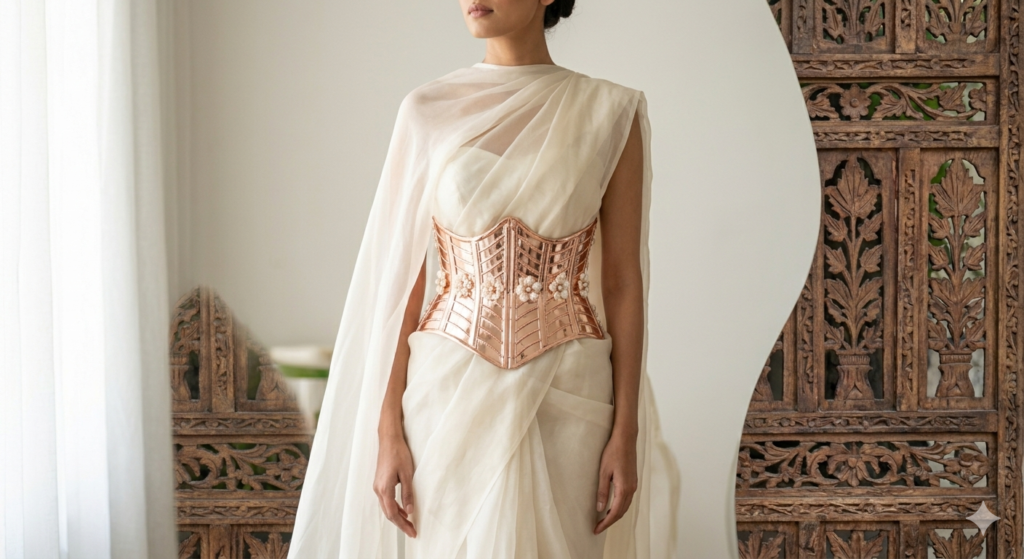 Standing high-fashion bride wearing an off-white organza saree with an asymmetric cape-pallu draped over one shoulder and secured by a polished metallic rose-gold plated structural corset in a minimalist modern apartment.