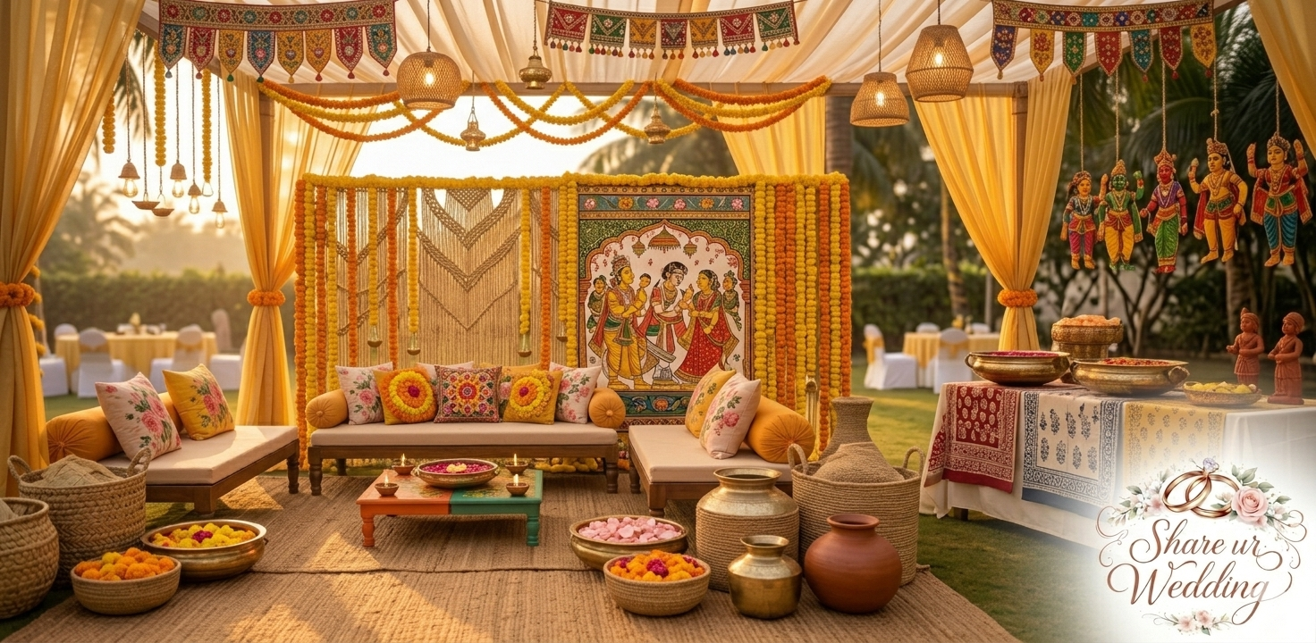 A wide-angle panoramic view of a curated Haldi ceremony venue showcasing diverse regional Indian decoration styles, including Pattachitra art, terracotta figures, and diverse textile patterns, alongside marigold and rose garlands.