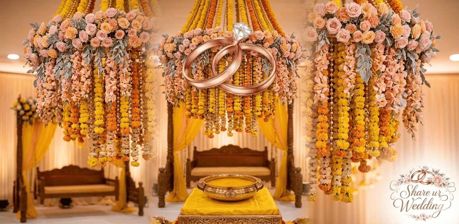 Suspended floral chandelier decoration with yellow marigolds and pink roses over a traditional Haldi seating arrangement.