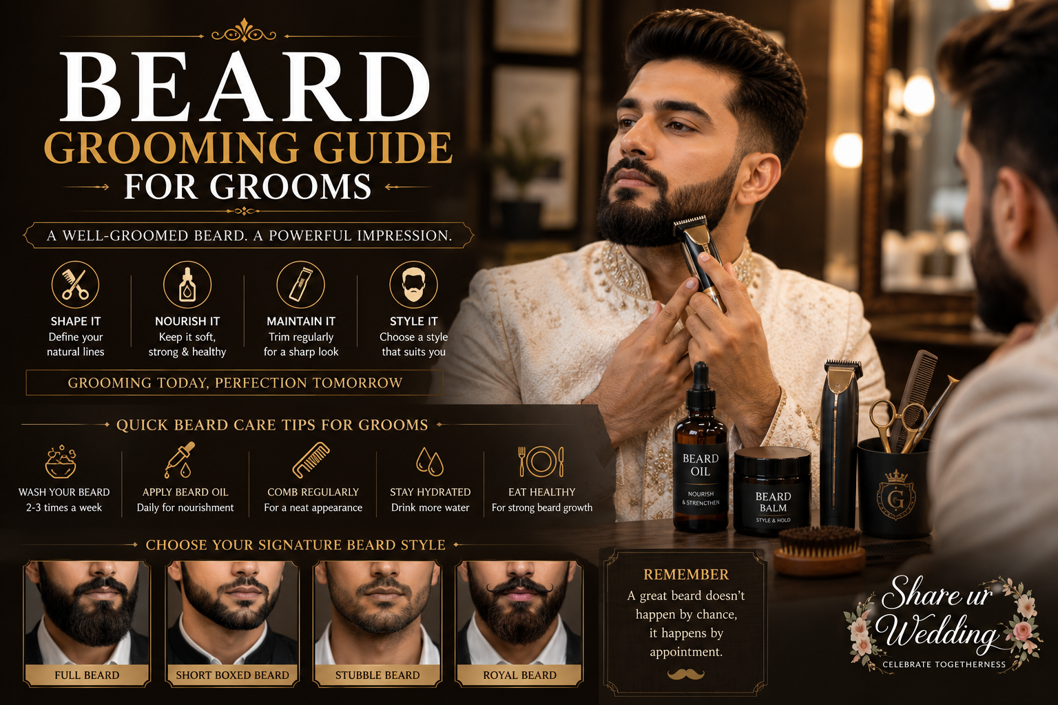Indian groom trimming and styling his beard with professional grooming tools, beard oil, and luxury grooming products before his wedding day.