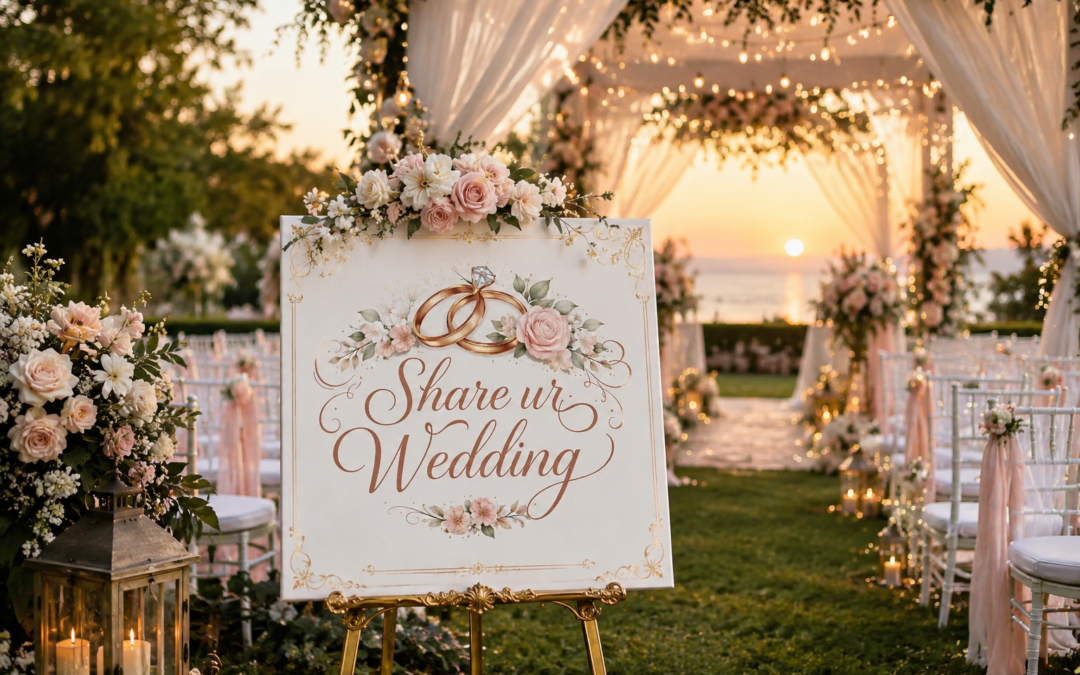 Elegant outdoor wedding decoration setup at sunset with floral arch, romantic lighting, and Share ur Wedding logo display board in a luxury garden venue.