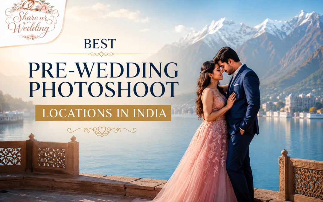 Romantic couple posing beside a scenic lake and snow-covered mountains for a pre-wedding photoshoot in India.