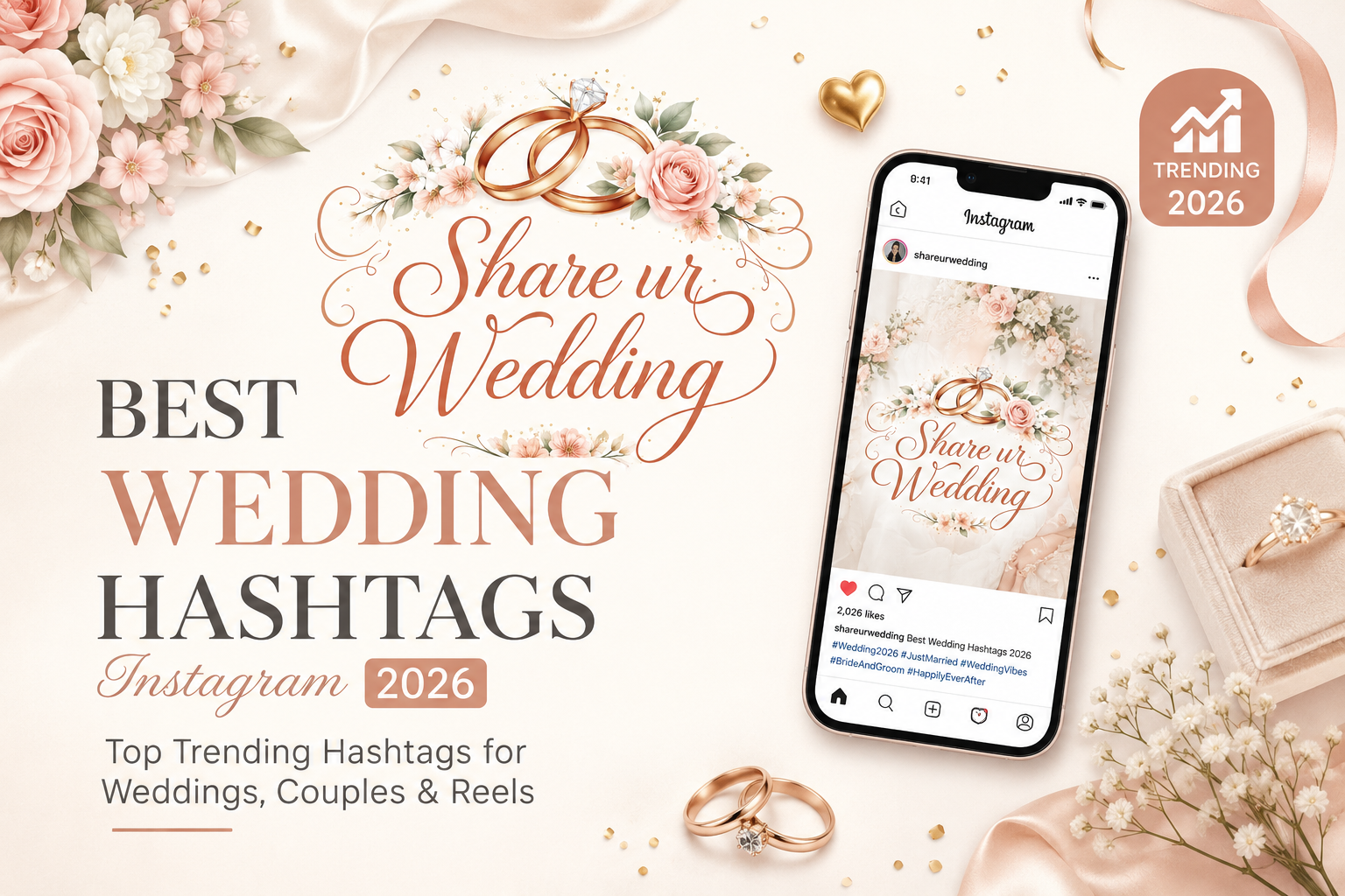 Best Wedding Hashtags Instagram 2026 featured image with Share ur Wedding logo, floral wedding rings, Instagram mockup, and trending wedding hashtag ideas for couples and reels.