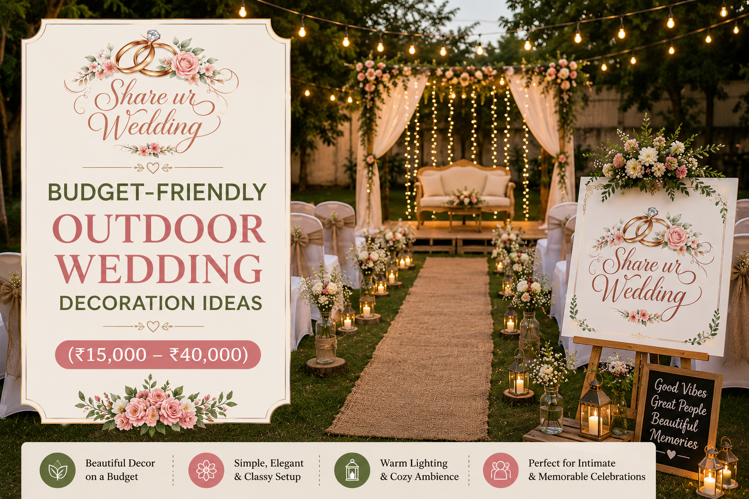 Budget-friendly outdoor wedding decoration setup with fairy lights, floral stage, candle-lit pathway, cozy seating, and Share ur Wedding branding for affordable garden weddings.
