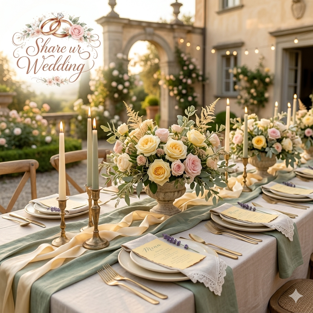 Romantic 2026 wedding tablescape featuring butter yellow roses, soft sage green linens, and cream taper candles in an Italian villa garden. A "Gentle Renaissance" aesthetic with vintage stone urns and gold flatware.