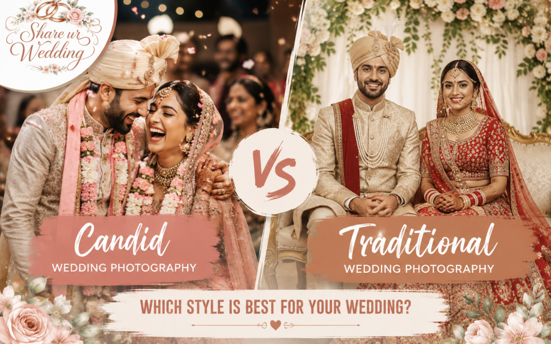 Candid vs Traditional Wedding Photography featured image showing a happy Indian wedding couple in candid style on one side and a traditional posed wedding portrait on the other, with Share ur Wedding logo in the corner.