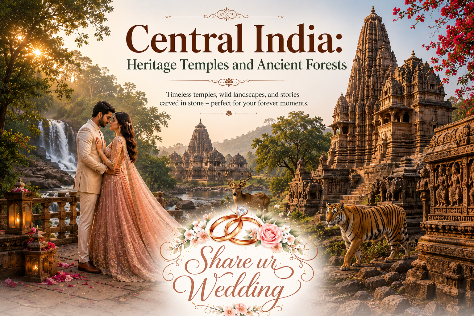 Romantic Central India pre-wedding photoshoot destinations featuring ancient heritage temples, lush forests, waterfalls, wildlife, and a beautiful couple with Share ur Wedding branding.