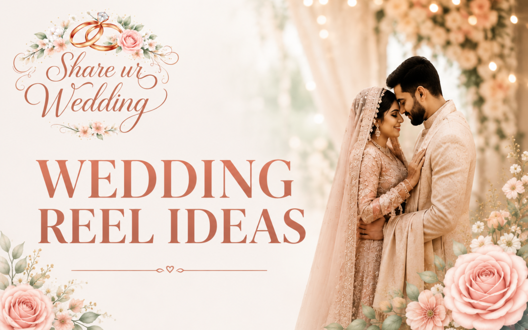 Romantic wedding featured image for Share ur Wedding showcasing elegant couple photography with floral decorations and bold “Wedding Reel Ideas” text for Instagram and YouTube Shorts