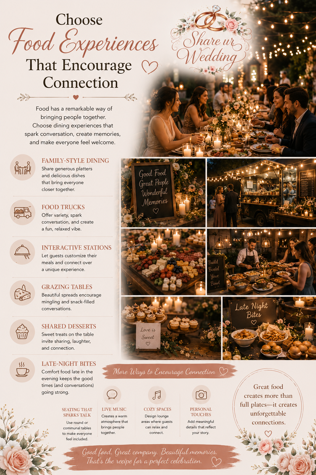 Romantic wedding dining setup with family-style food tables, candlelight decor, and guests enjoying meaningful conversations