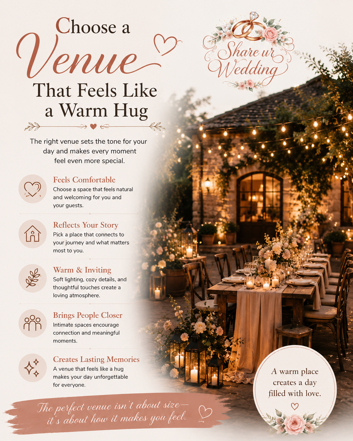 Cozy romantic wedding venue with warm lighting, elegant floral decor, and intimate atmosphere for couples