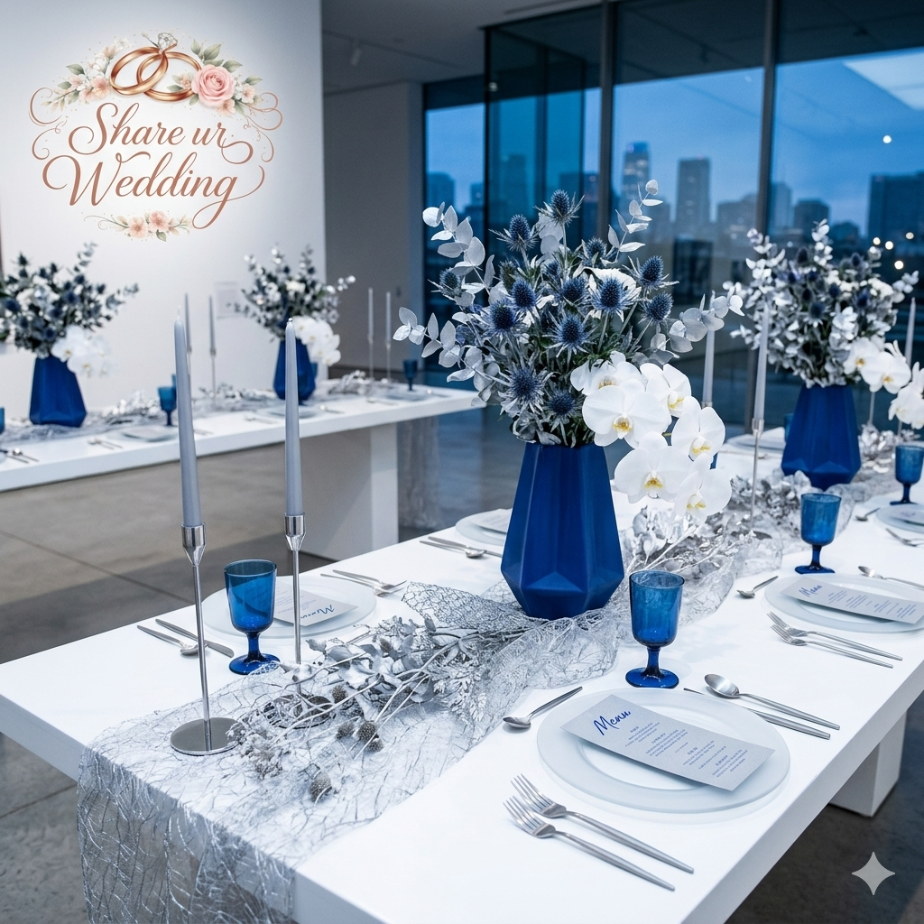 Modern editorial wedding decor featuring cobalt blue geometric vases, silver mist painted eucalyptus, and white orchids on a minimalist white table. High-contrast 2026 wedding color trend for art gallery receptions.