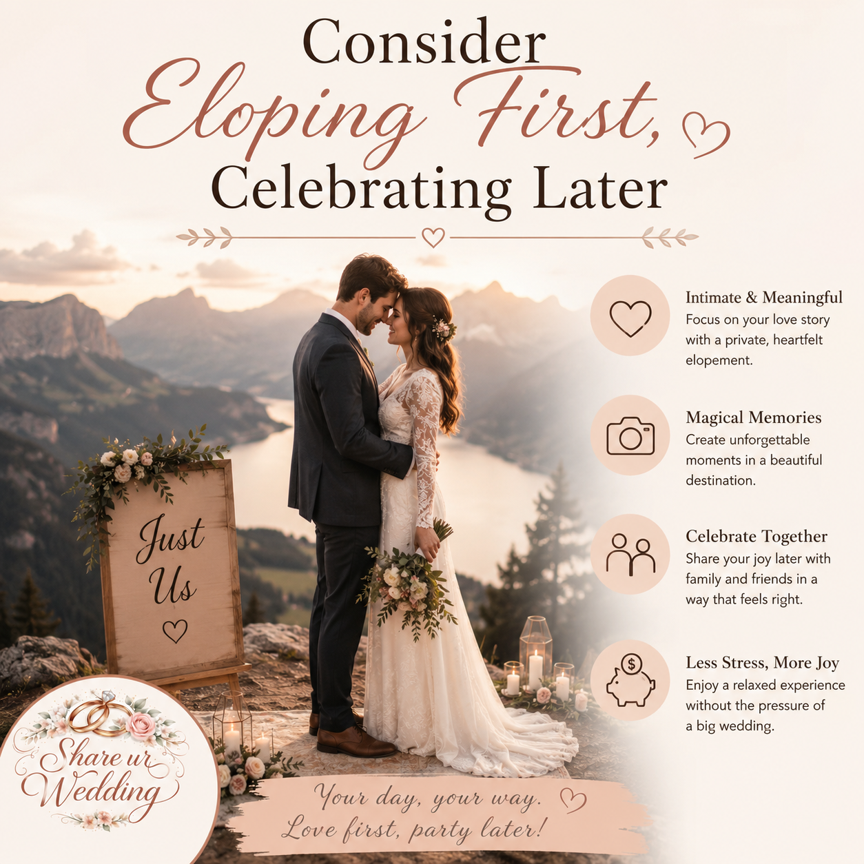 Romantic elopement wedding moment with a couple celebrating privately in a scenic outdoor location