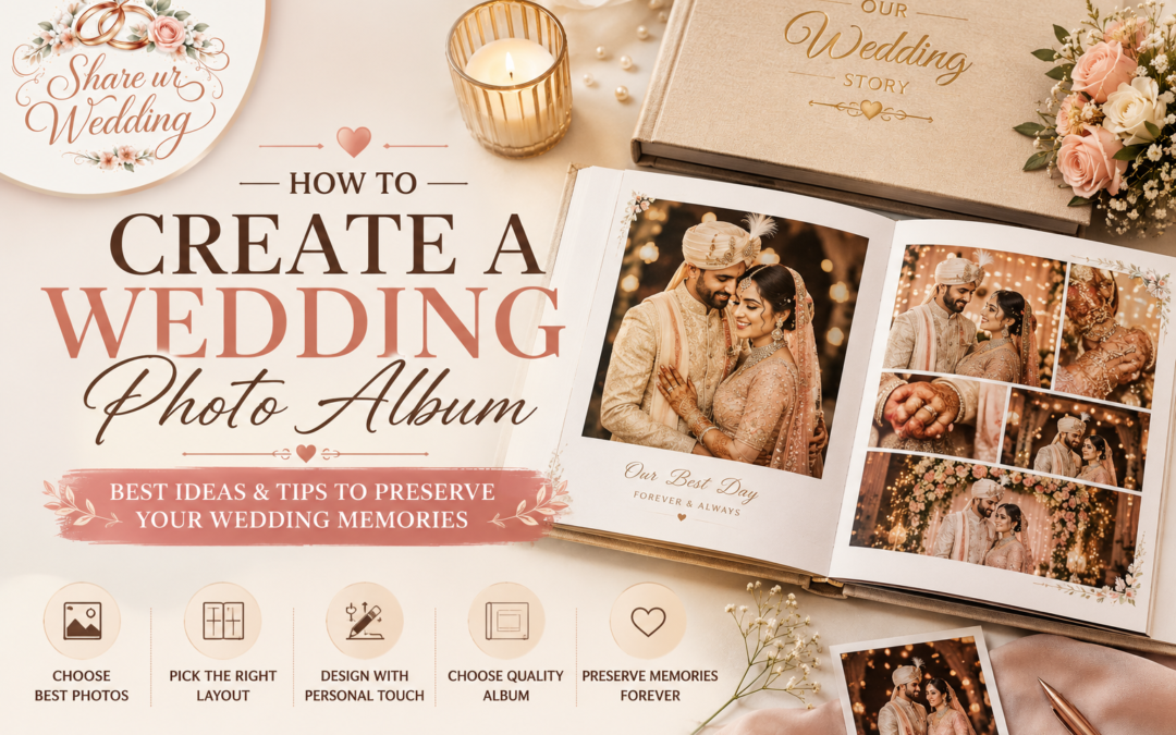 Elegant wedding photo album design featuring a bride and groom with romantic wedding memories and premium album layout inspiration.