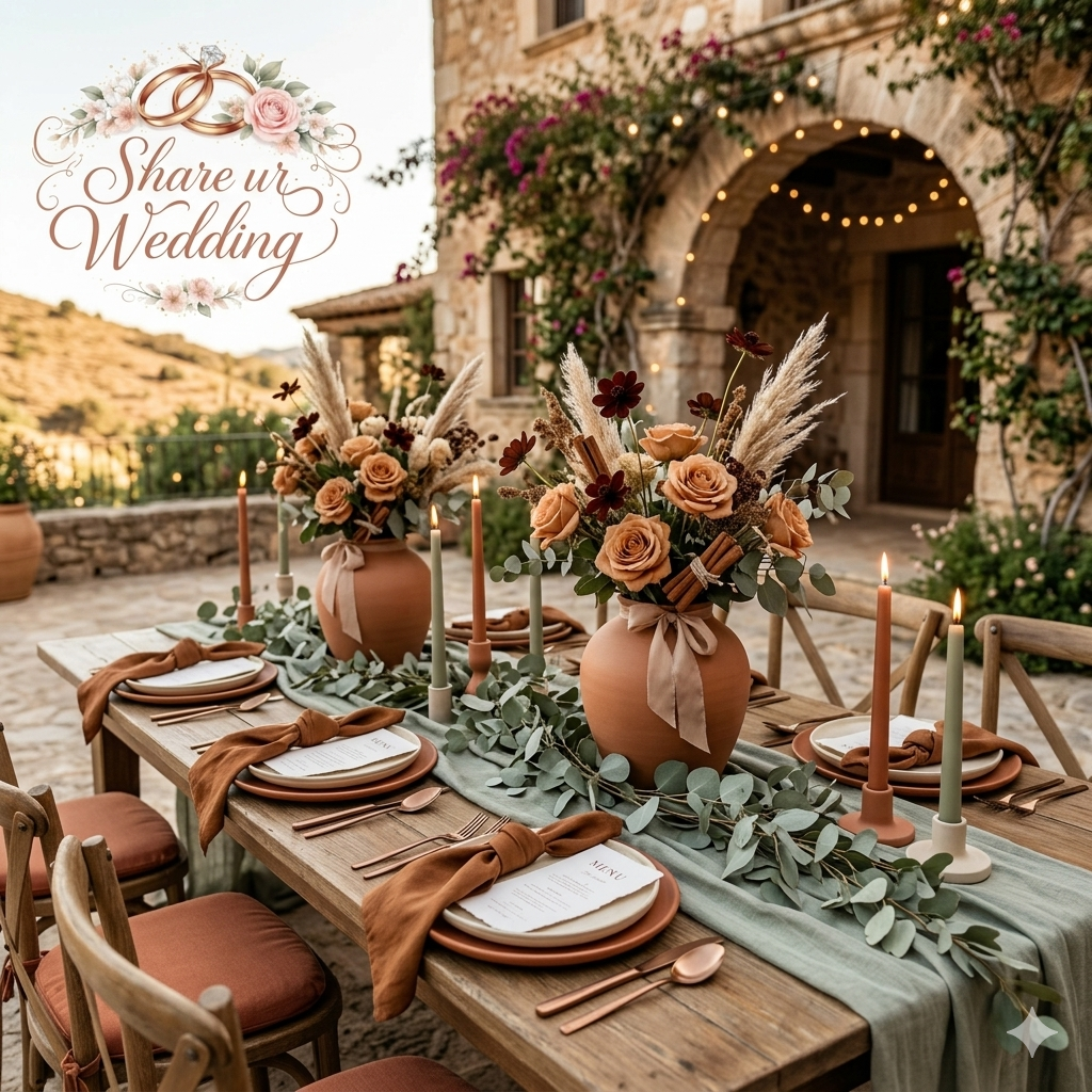 Organic 2026 wedding decor featuring eucalyptus greenery, terracotta clay vases, and cinnamon-toned velvet napkins on a rustic wooden table.