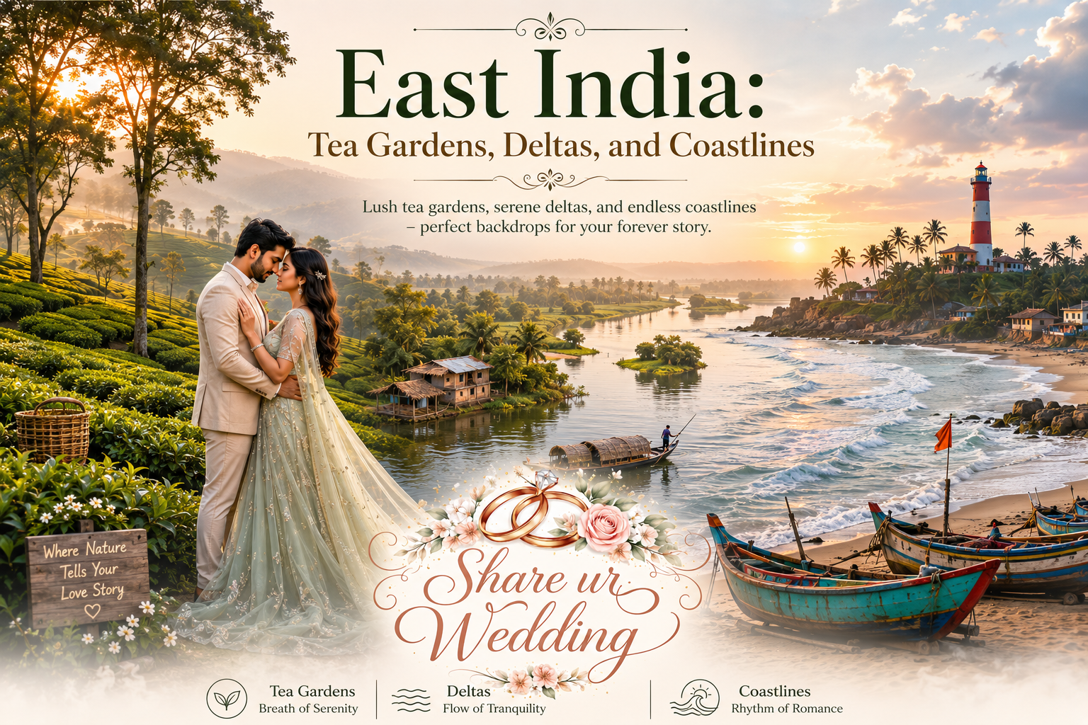 Romantic East India pre-wedding photoshoot destinations featuring lush tea gardens, river deltas, coastal beaches, and a beautiful couple with Share ur Wedding branding.