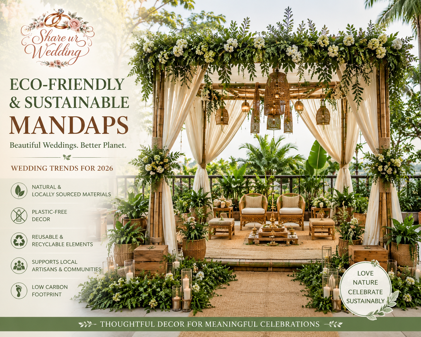 Eco-friendly wedding mandap made with bamboo, greenery, and sustainable floral décor for modern weddings in 2026