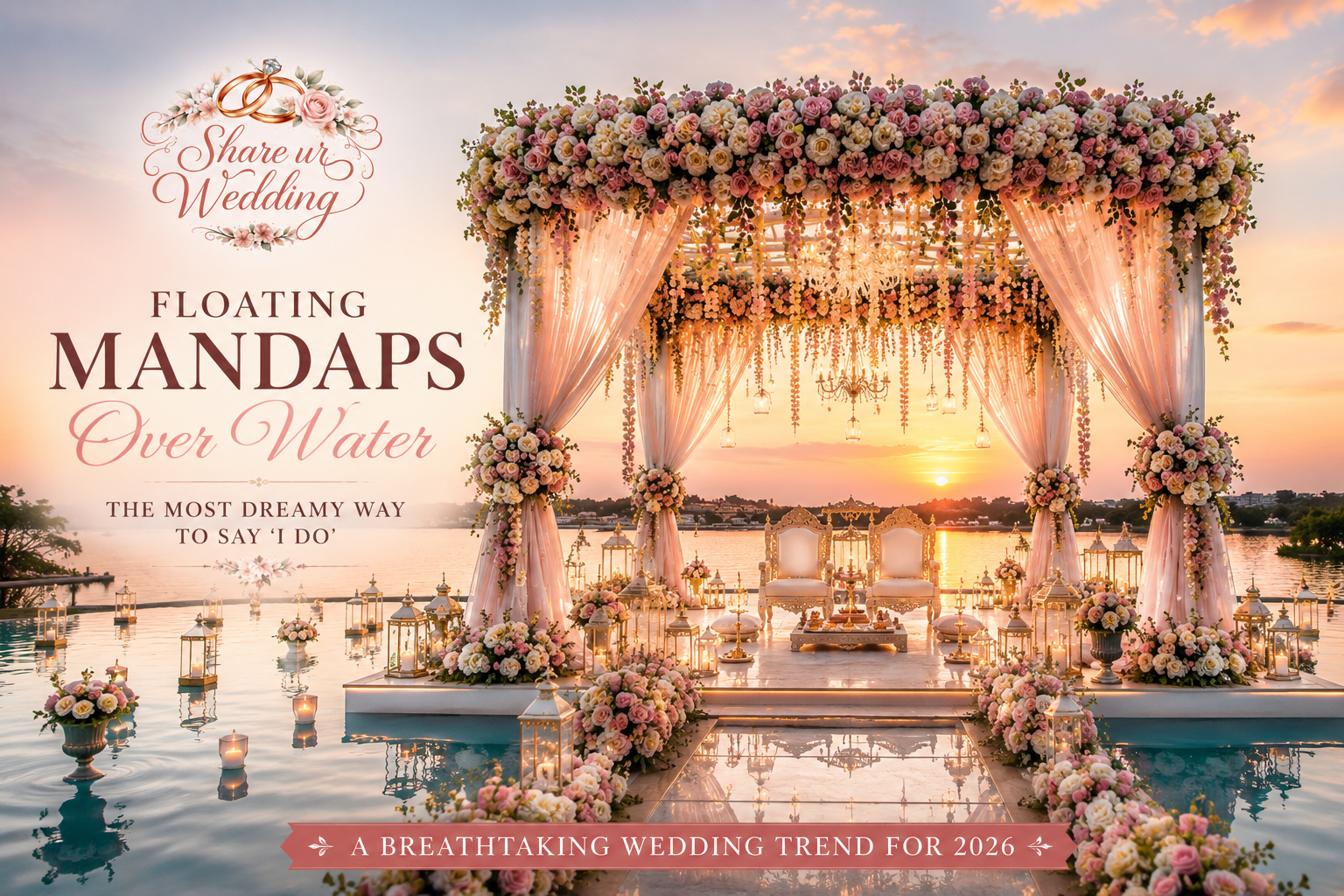 Luxury floating mandap over water with floral wedding decoration and romantic sunset setup